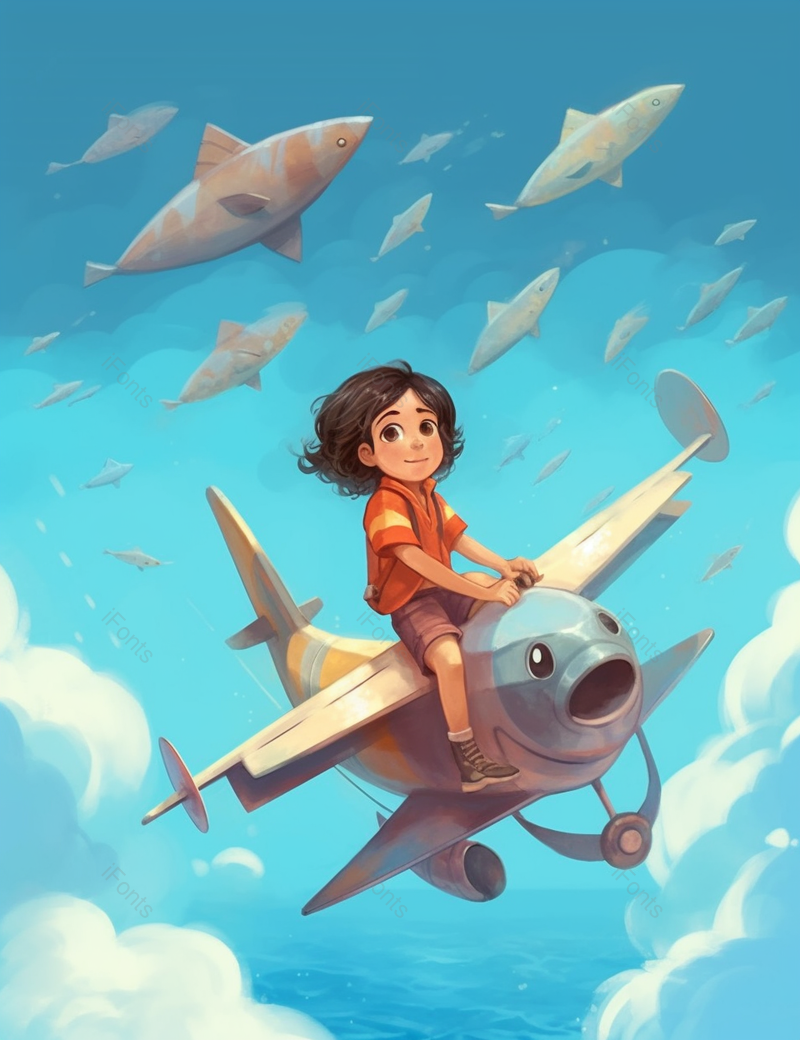 想象力儿童节充满想象力童趣孩子们乘着鱼飞机飞翔在蓝天碧海之上插画,插画/手绘图,插画/手绘图库,插画/手绘图下载,插画/手绘